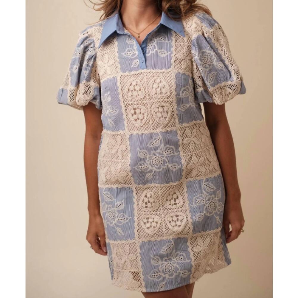Sofie the Label Sydney Blue Knit Patchwork Mini Dress Collared Puff Sleeve S